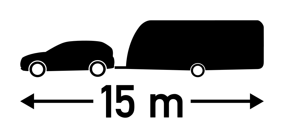 Asuntovaunuyhdistelmän pituusmerkki taustattomana tarrana.